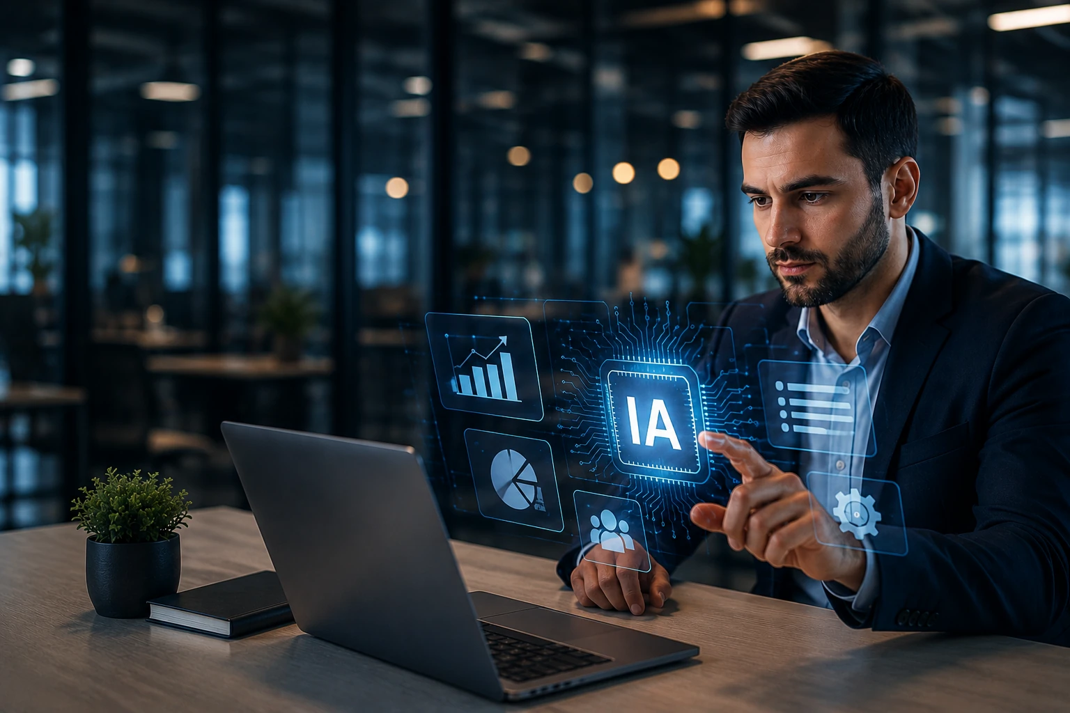 Dirigeant utilisant une interface d'intelligence artificielle en entreprise : tableaux de bord, analyse de données et automatisation des processus