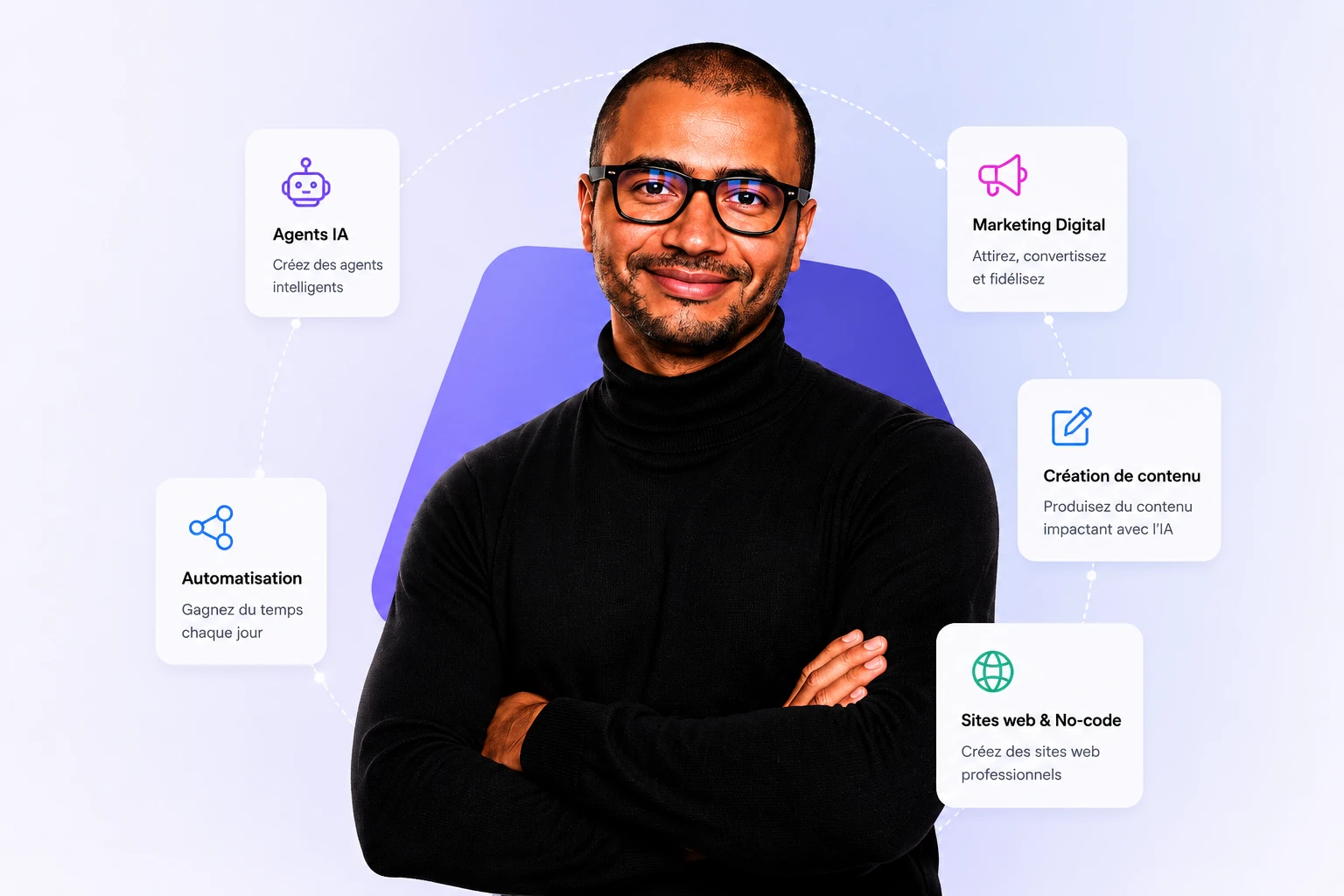 Formateur AI Digital Academy entouré des domaines enseignés : agents IA, marketing digital, automatisation, création de contenu et sites web